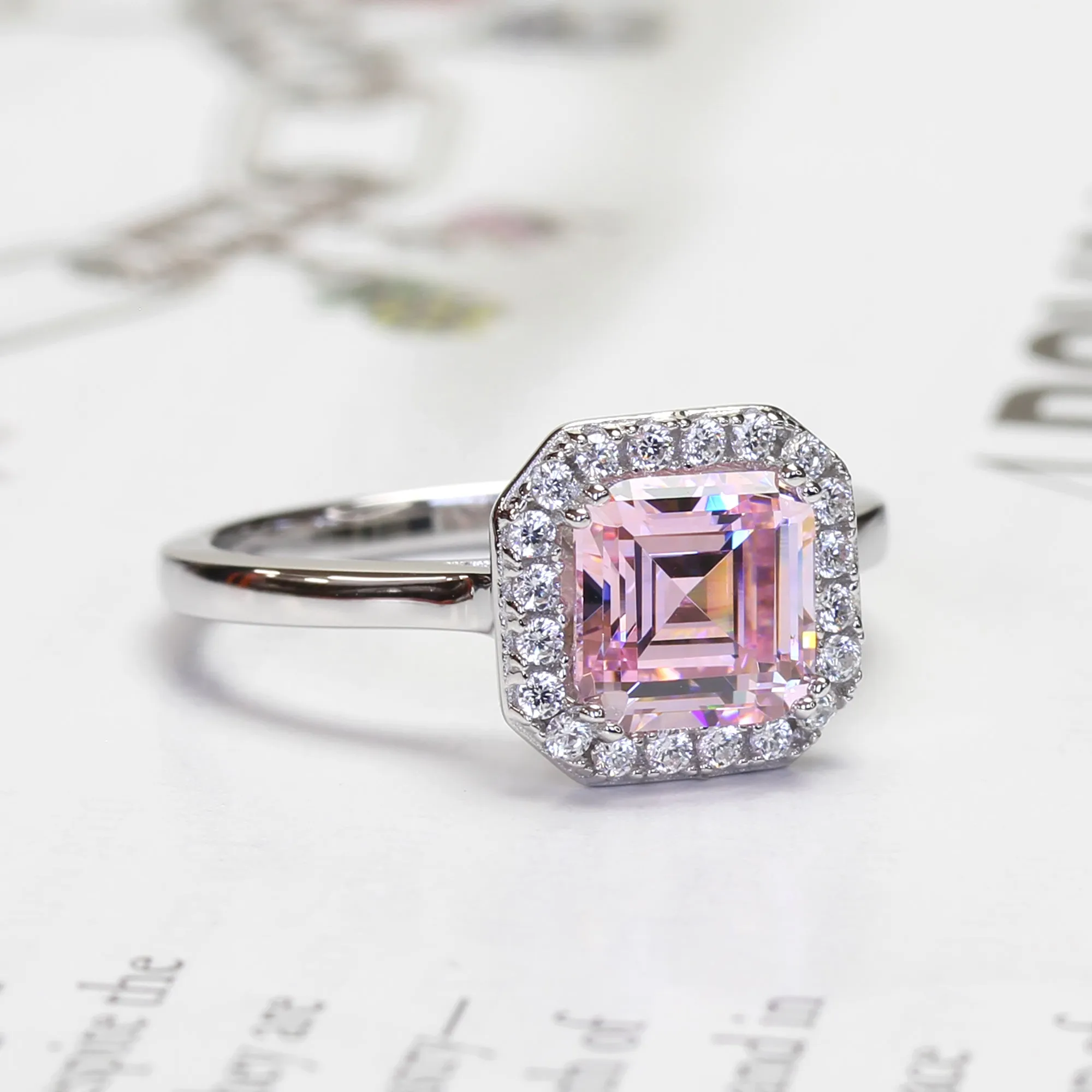Sterling Silver 2 CT Emerald Step Cut Halo Pink Ring