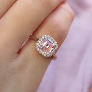 Sterling Silver 2 CT Emerald Step Cut Halo Pink Ring