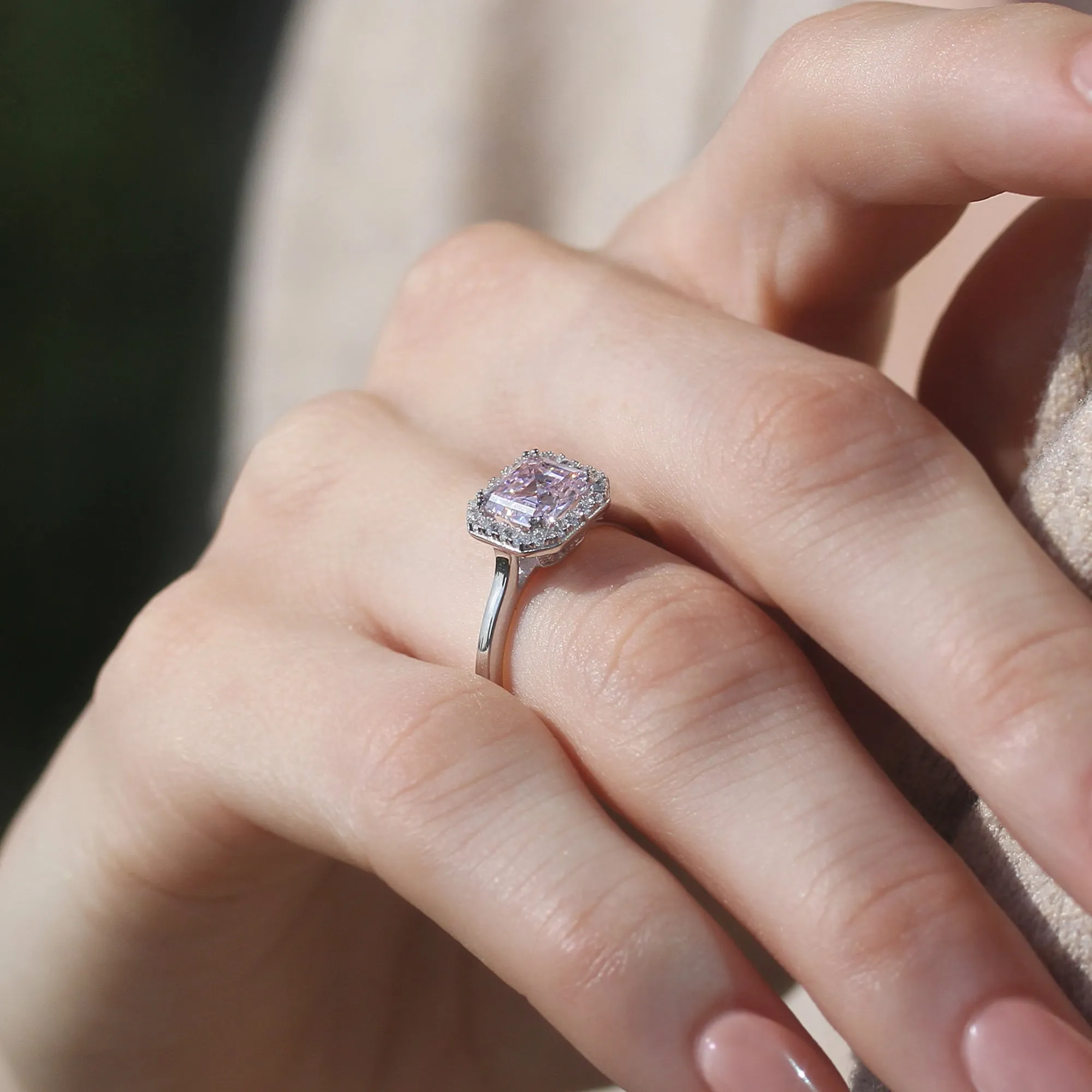 Sterling Silver 2 CT Emerald Step Cut Halo Pink Ring
