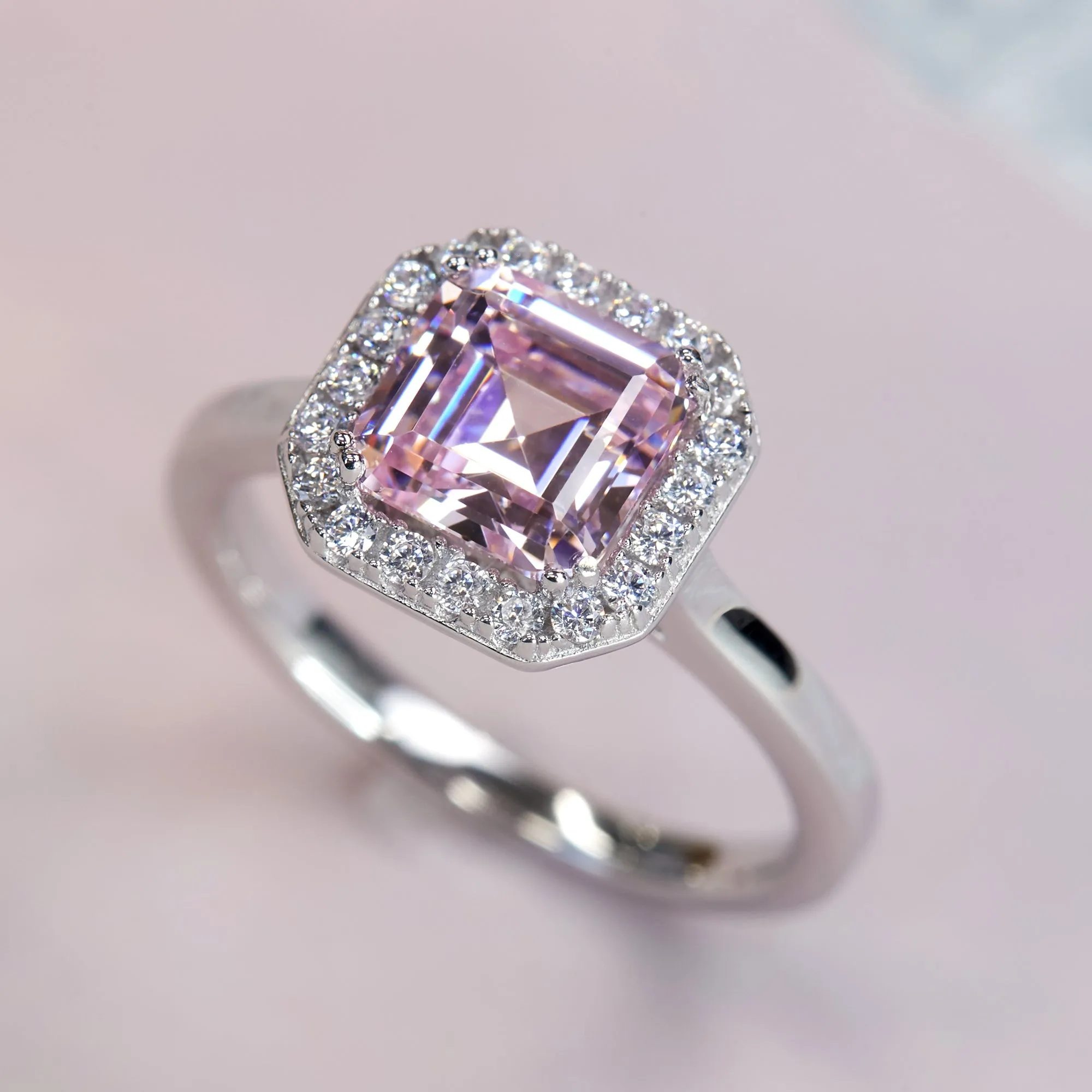Sterling Silver 2 CT Emerald Step Cut Halo Pink Ring
