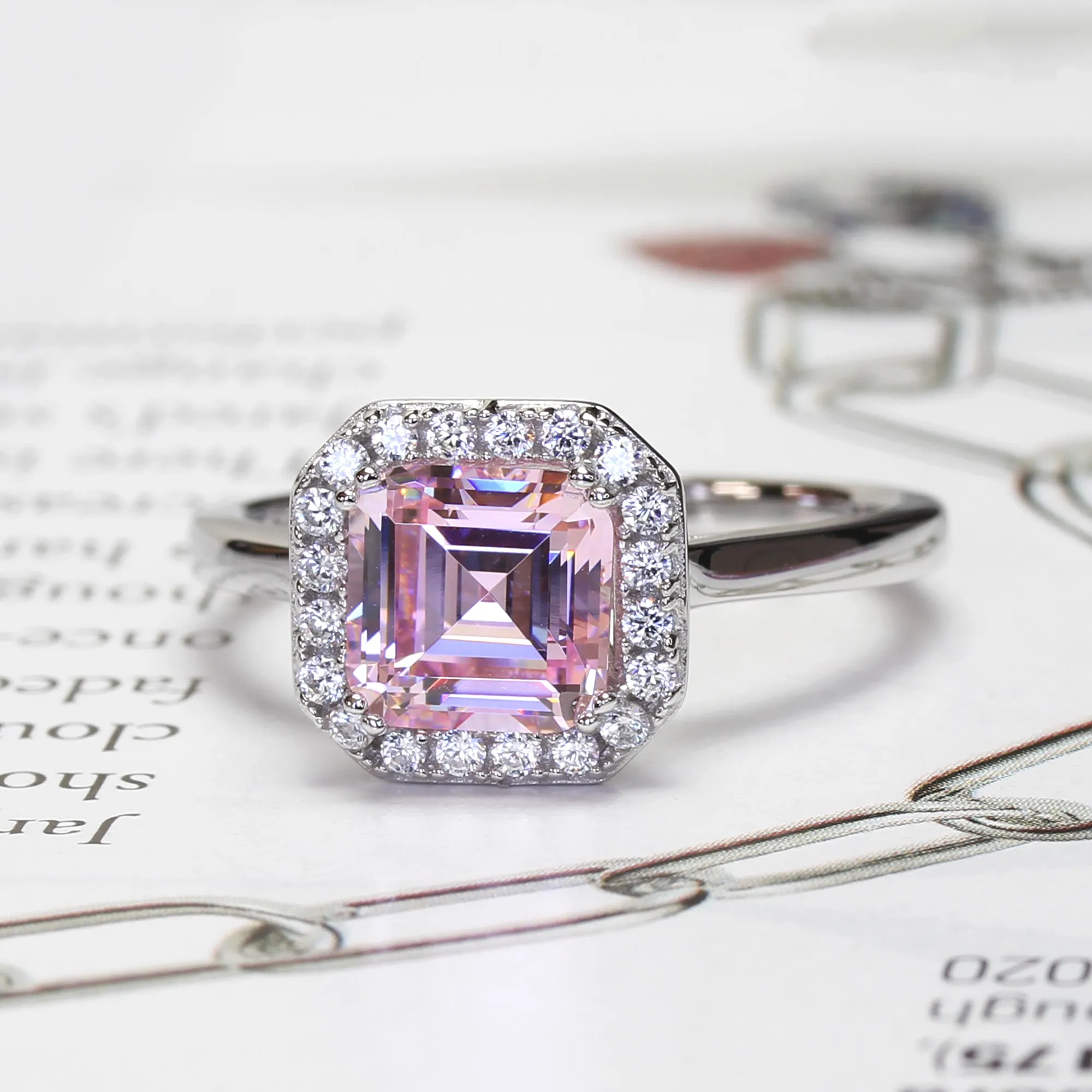Sterling Silver 2 CT Emerald Step Cut Halo Pink Ring