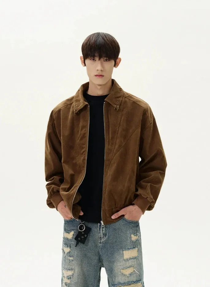Suede Bomber Jacket with Collar Rings Detail