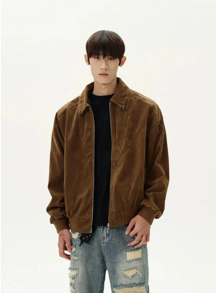 Suede Bomber Jacket with Collar Rings Detail