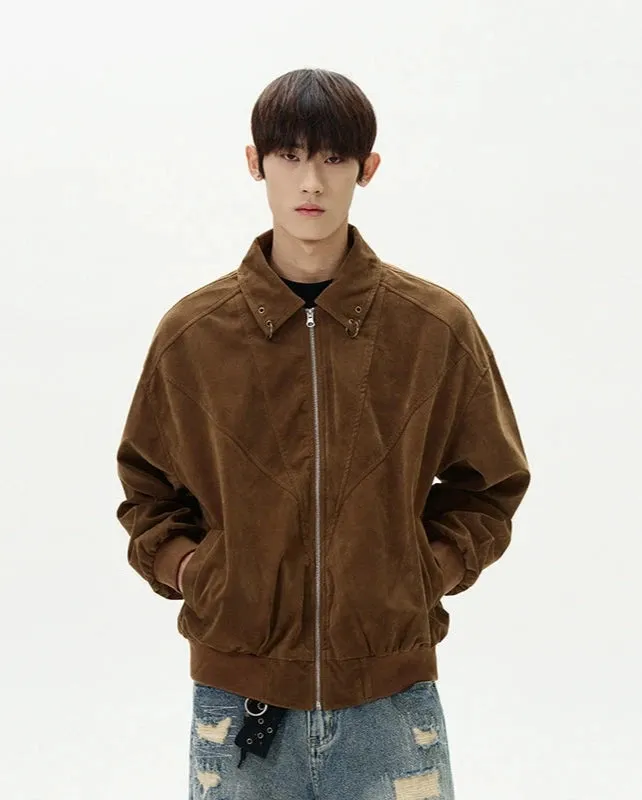 Suede Bomber Jacket with Collar Rings Detail