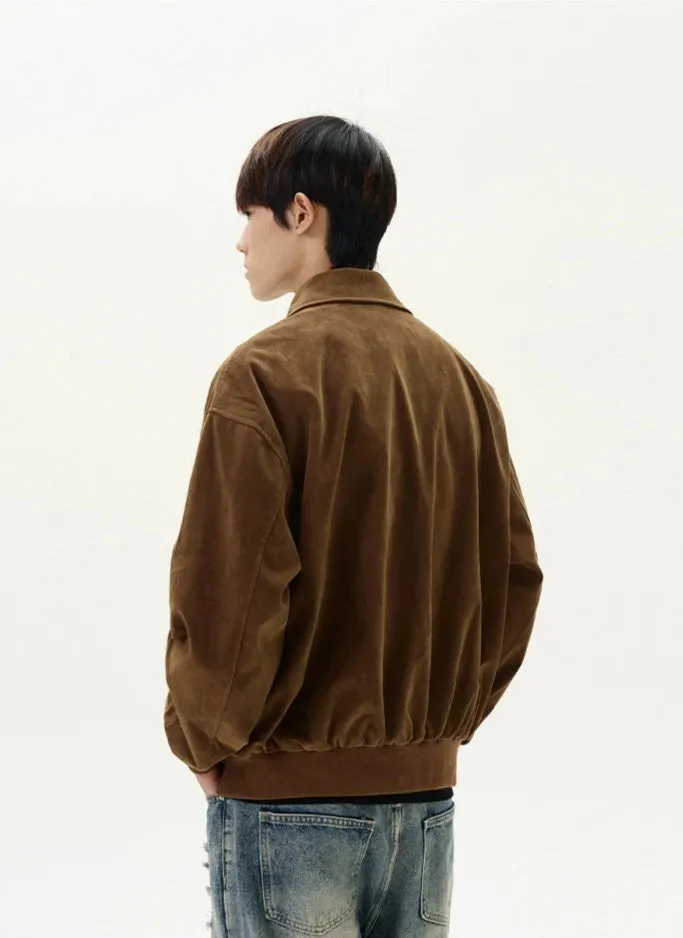 Suede Bomber Jacket with Collar Rings Detail