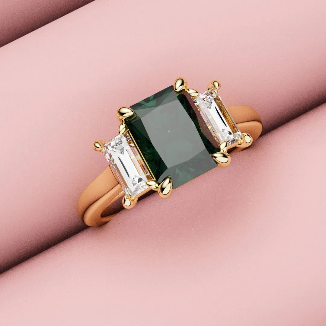 Teal Sapphire With Baguette Shoulder Diamonds