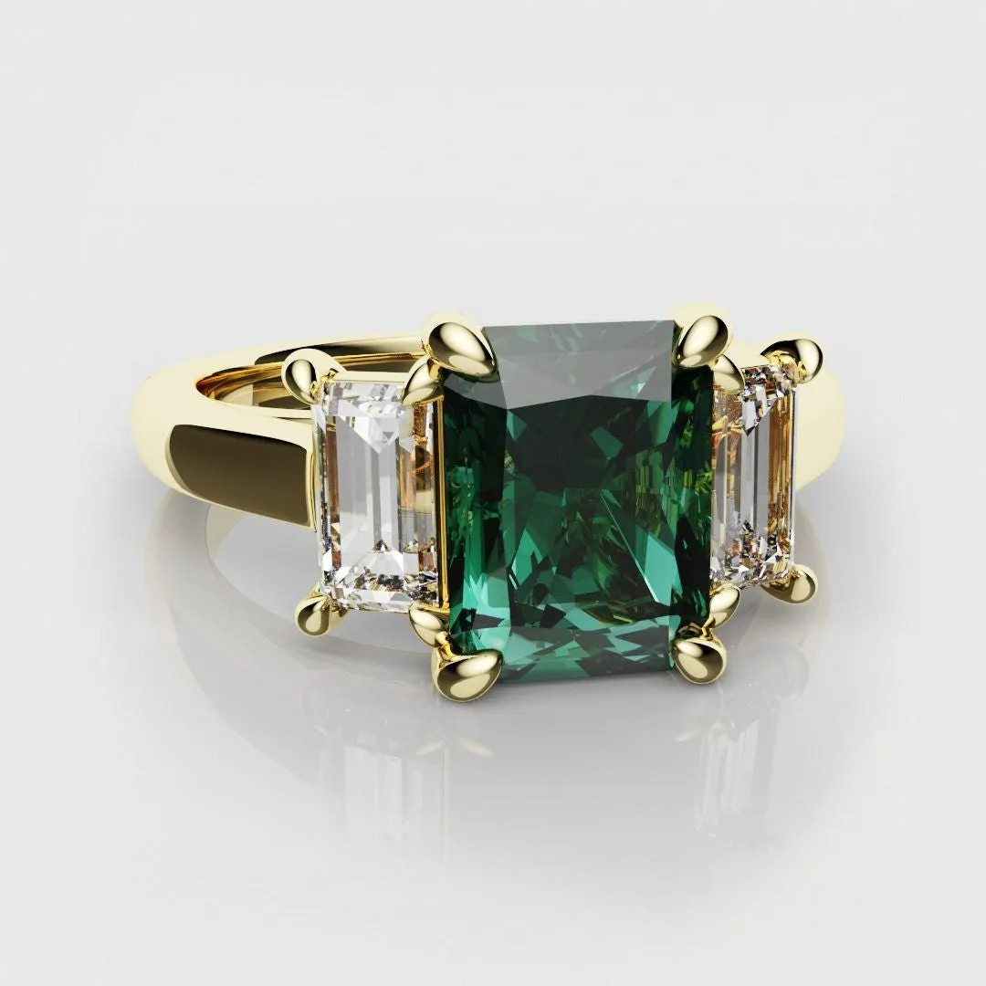 Teal Sapphire With Baguette Shoulder Diamonds
