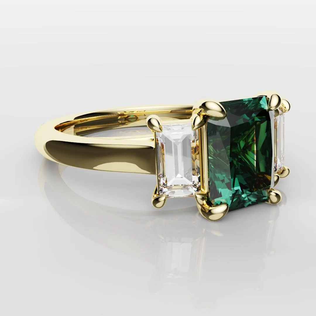 Teal Sapphire With Baguette Shoulder Diamonds