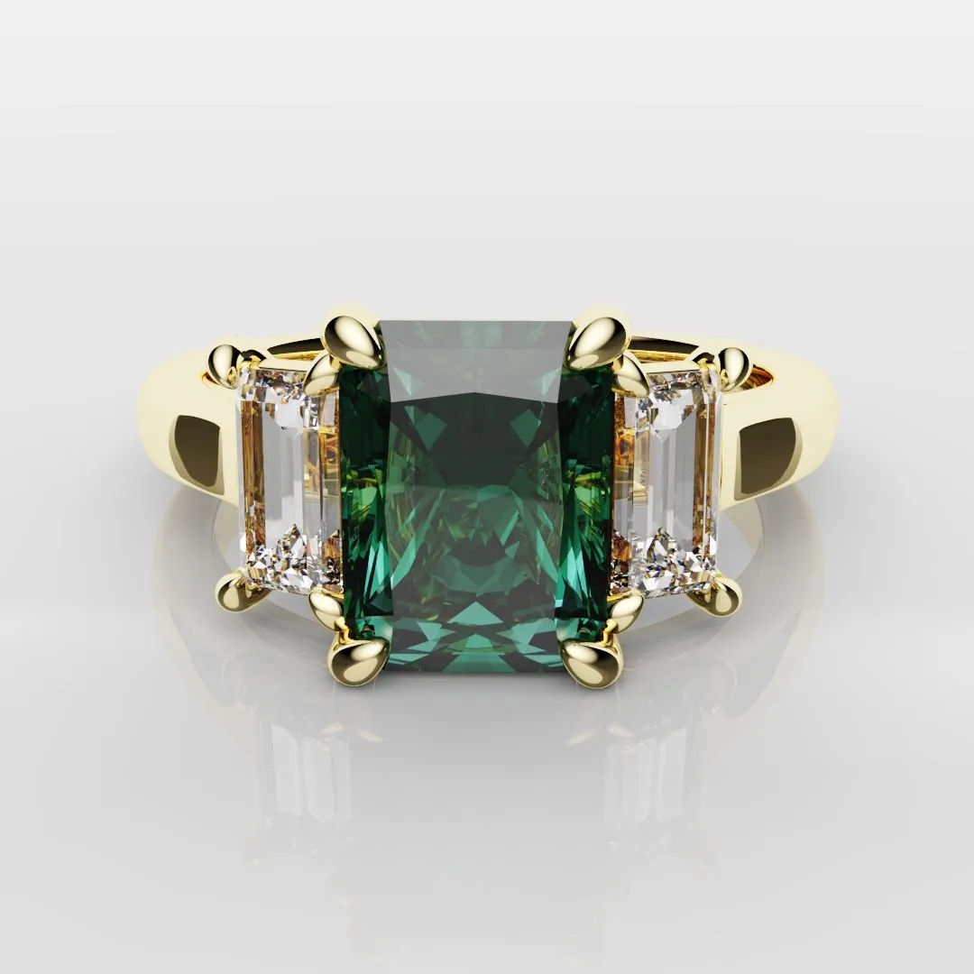 Teal Sapphire With Baguette Shoulder Diamonds