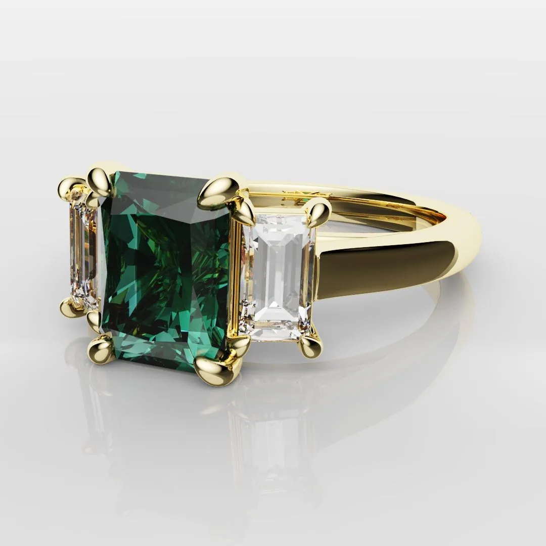 Teal Sapphire With Baguette Shoulder Diamonds