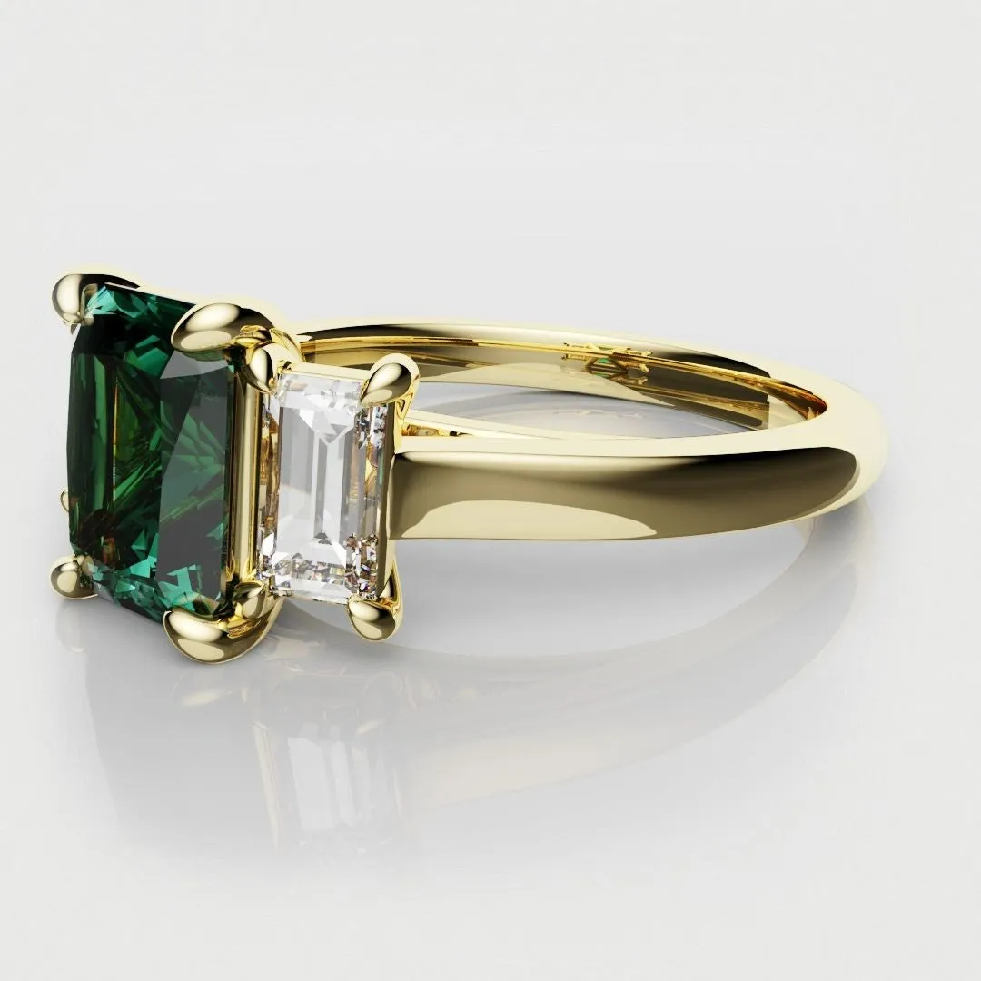 Teal Sapphire With Baguette Shoulder Diamonds
