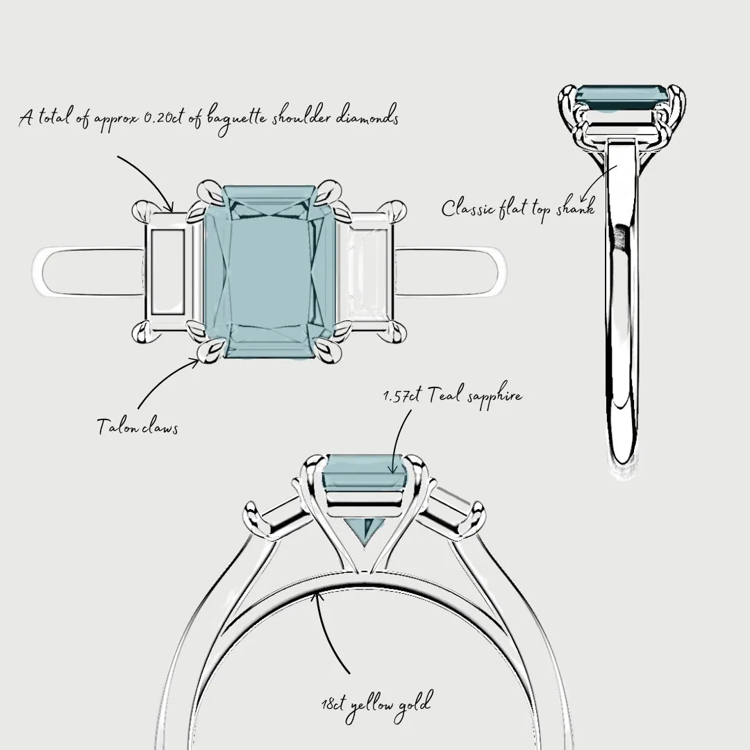 Teal Sapphire With Baguette Shoulder Diamonds