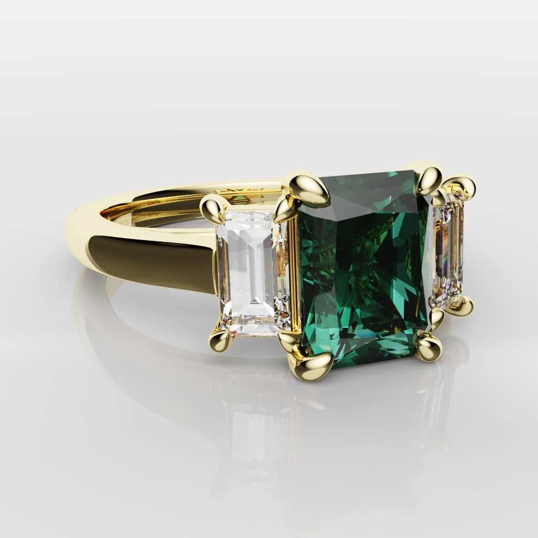 Teal Sapphire With Baguette Shoulder Diamonds