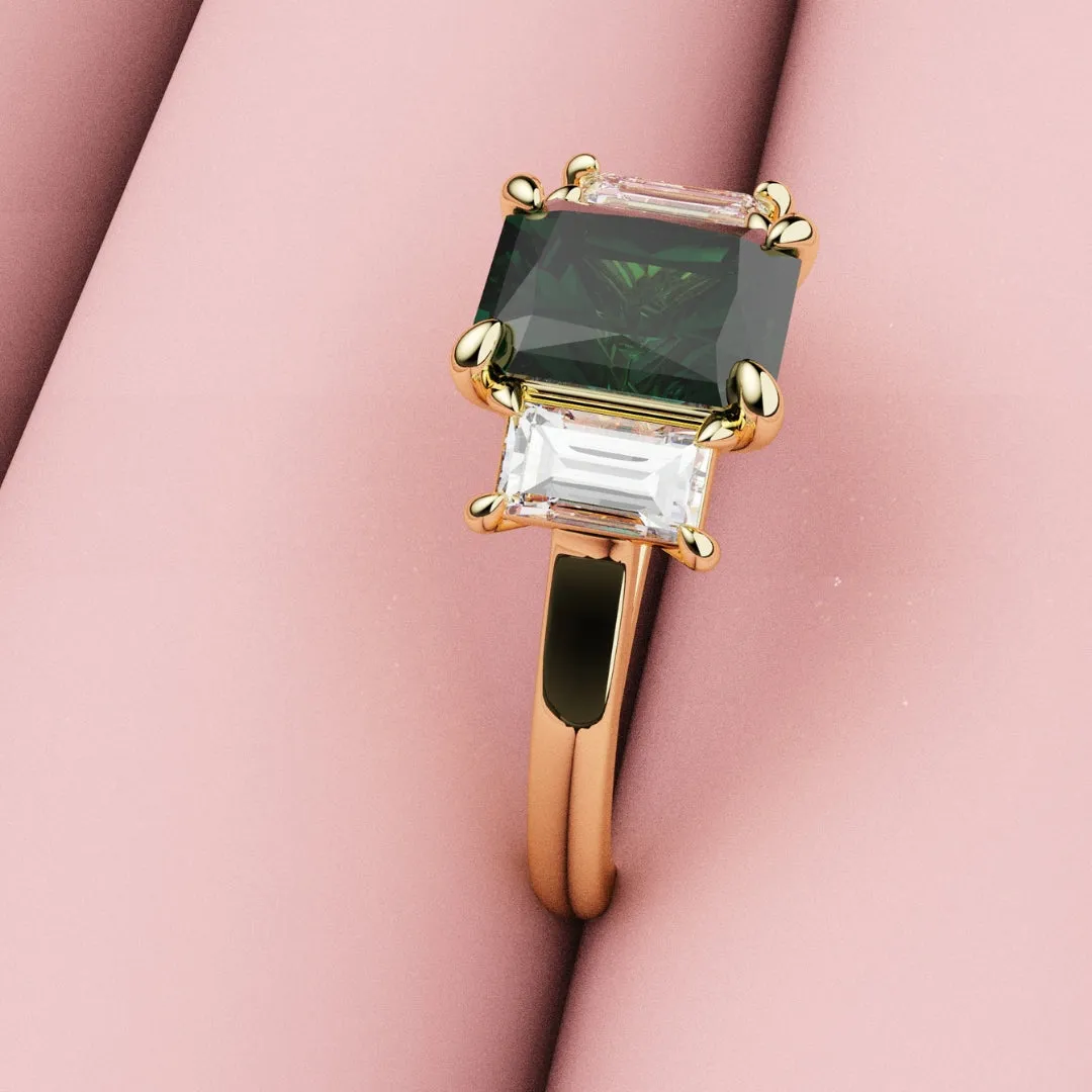Teal Sapphire With Baguette Shoulder Diamonds