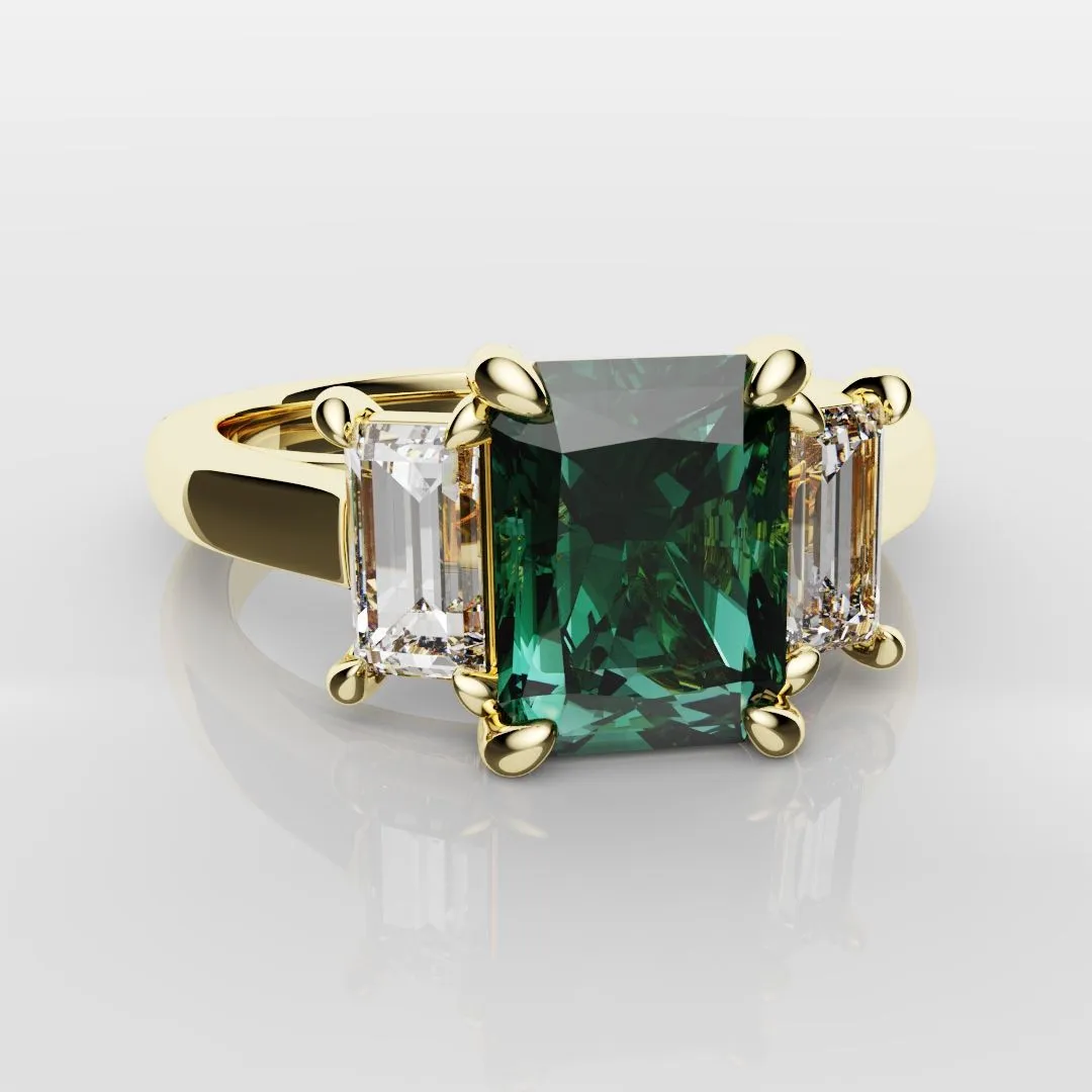 Teal Sapphire With Baguette Shoulder Diamonds