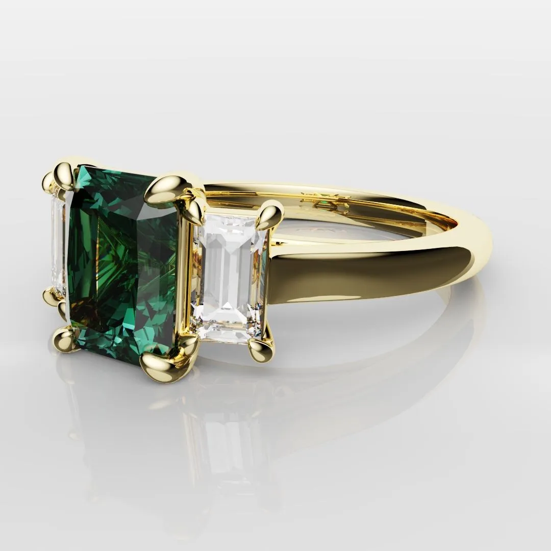 Teal Sapphire With Baguette Shoulder Diamonds