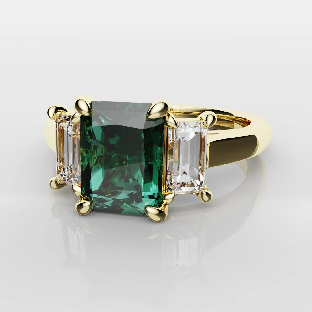 Teal Sapphire With Baguette Shoulder Diamonds
