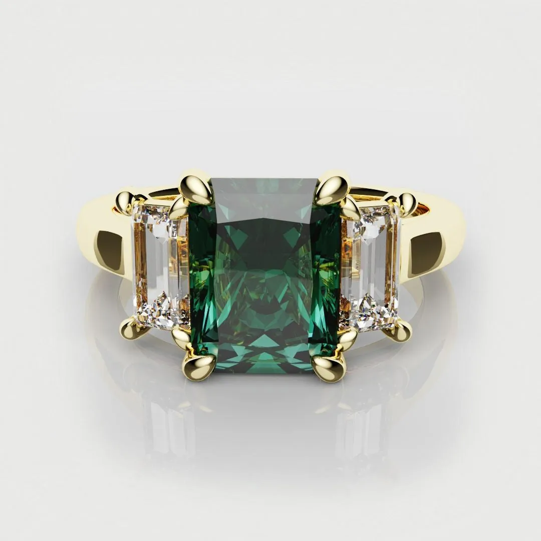 Teal Sapphire With Baguette Shoulder Diamonds