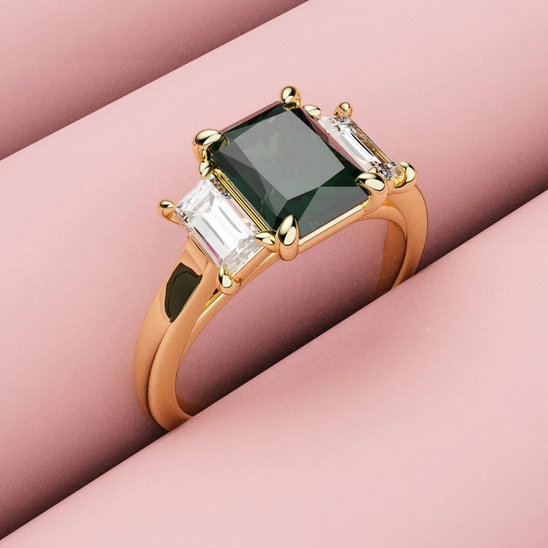 Teal Sapphire With Baguette Shoulder Diamonds
