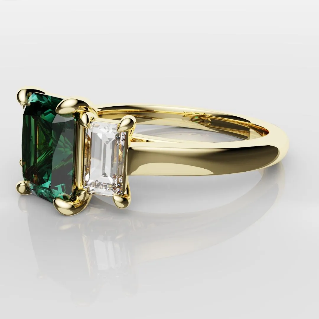 Teal Sapphire With Baguette Shoulder Diamonds