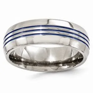 Titanium Triple Groove Blue Anodized 8mm Wedding Band Ring