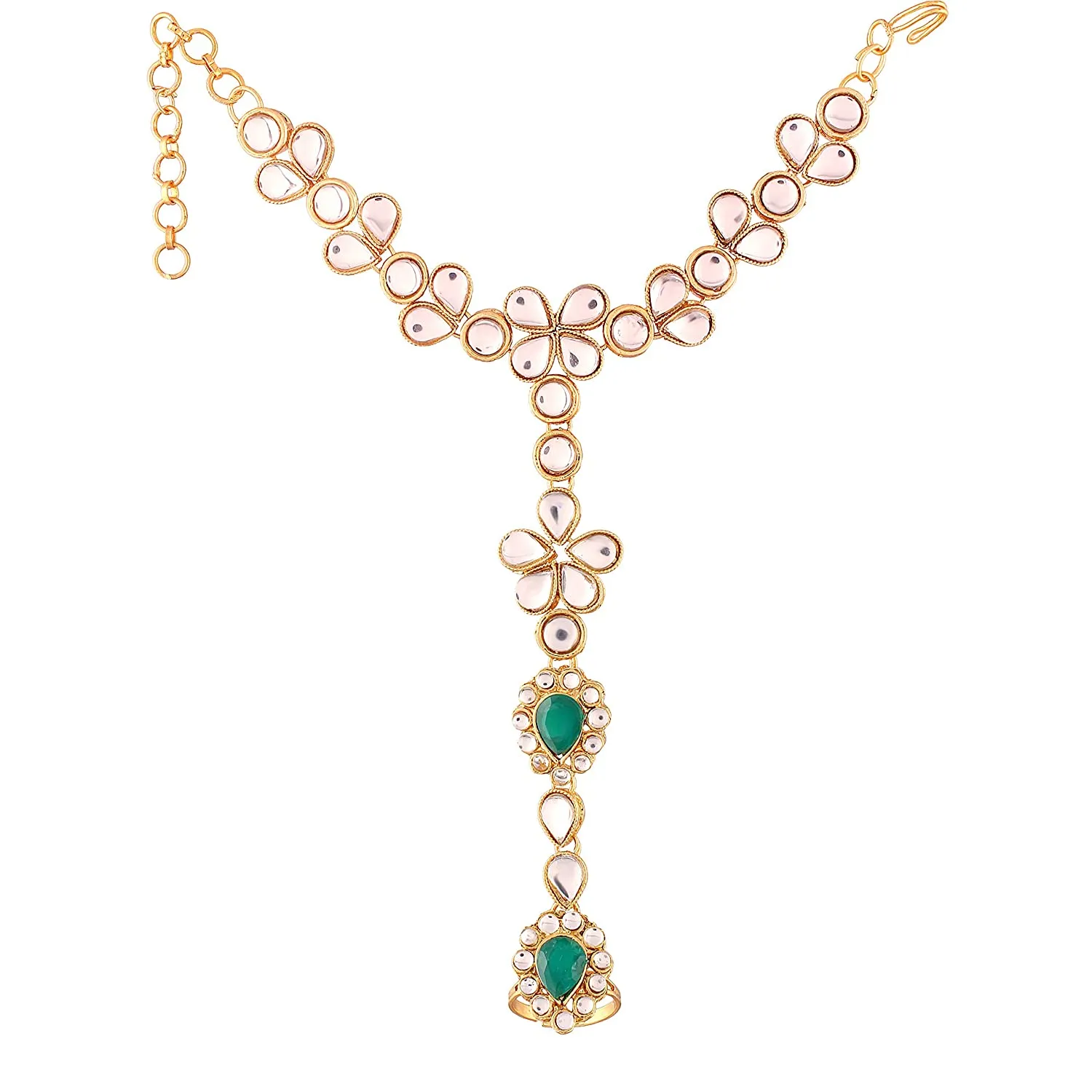 Traditional Gold Plated Kundan Haath Phool/Panja/Adjustable Bracelet with Ring for Women