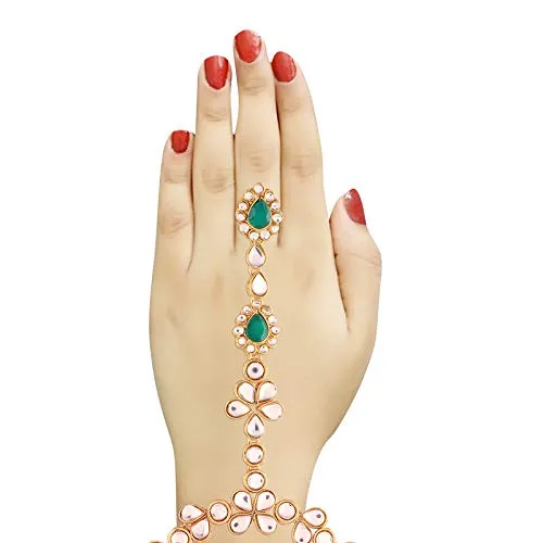 Traditional Gold Plated Kundan Haath Phool/Panja/Adjustable Bracelet with Ring for Women