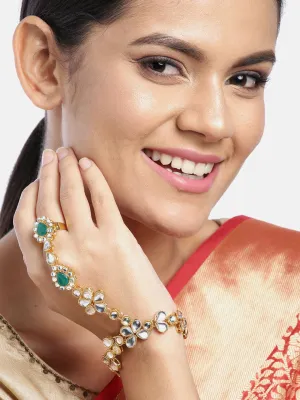 Traditional Gold Plated Kundan Haath Phool/Panja/Adjustable Bracelet with Ring for Women