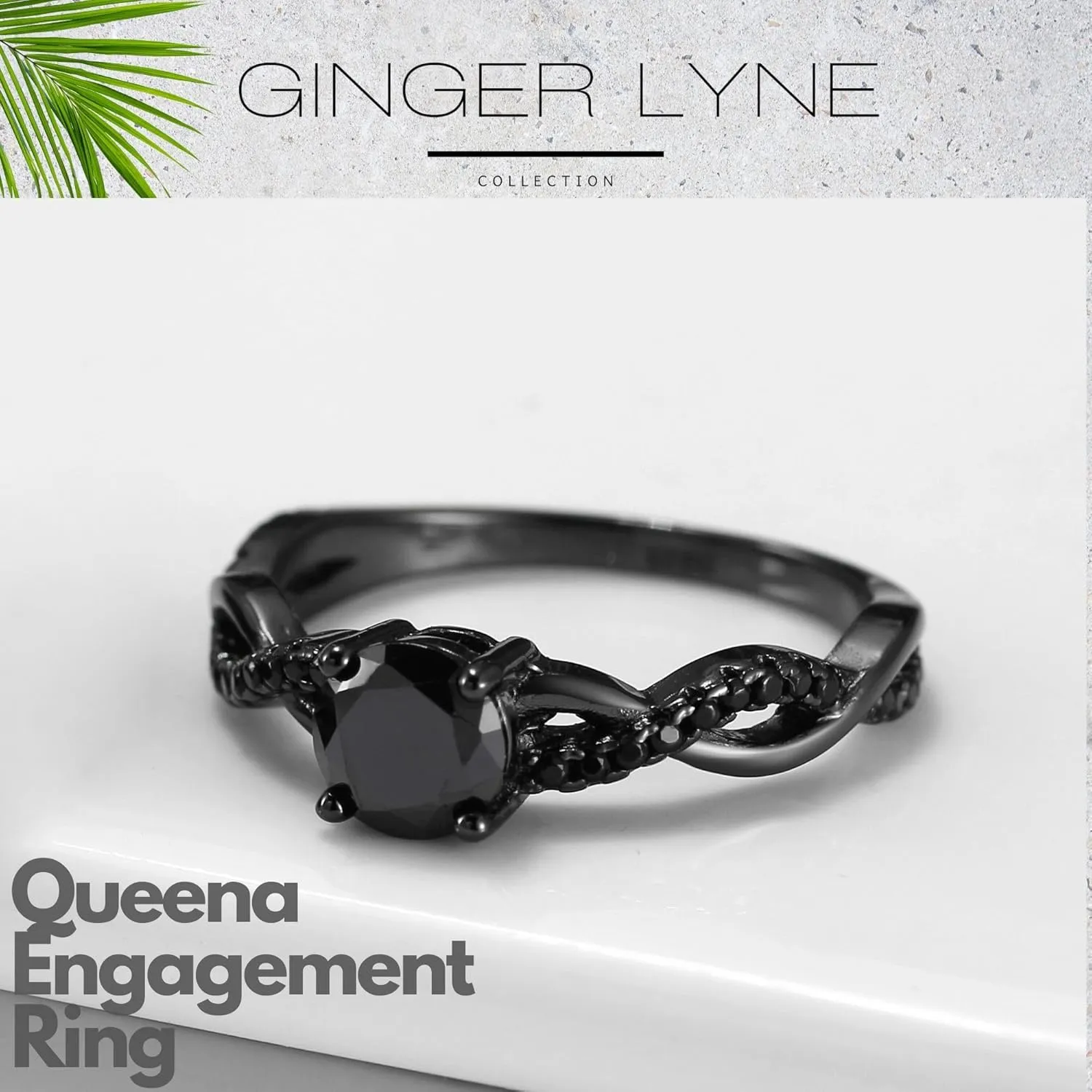 Twist CZ Engagement Rings for Women by Ginger Lyne | 1 Ct Faux Black Diamond Ring | 925 Sterling Silver 14k Gold Wedding Bridal for Women | Travel or Promise Wedding for Her