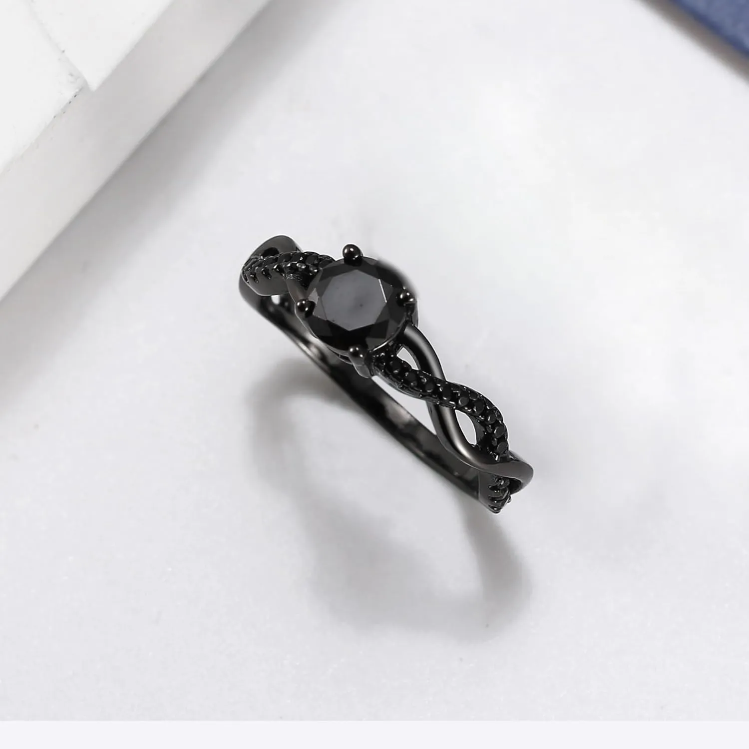 Twist CZ Engagement Rings for Women by Ginger Lyne | 1 Ct Faux Black Diamond Ring | 925 Sterling Silver 14k Gold Wedding Bridal for Women | Travel or Promise Wedding for Her