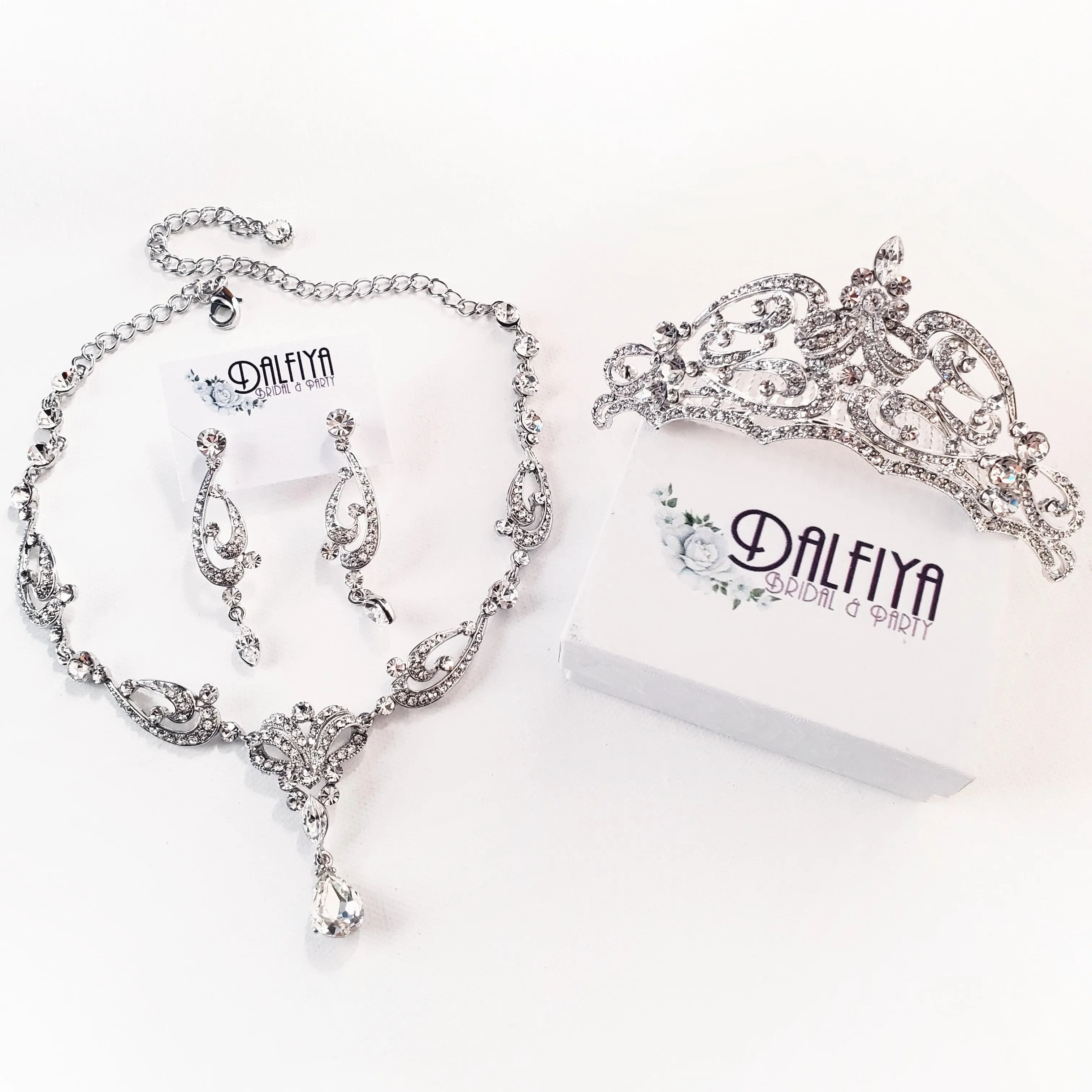 Victorian Bridal Necklace, Earring, Tiara Bridal Parure Set