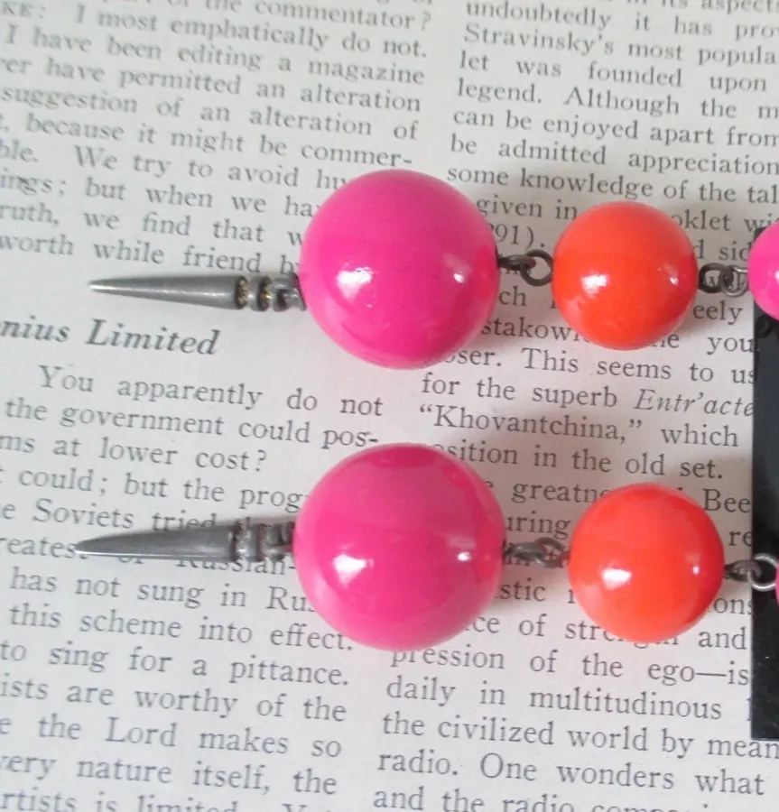 Vintage 80's Big Pink & Orange Sphere Dangle Earrings