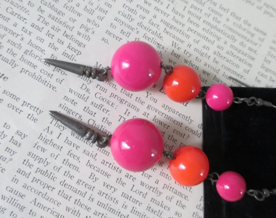 Vintage 80's Big Pink & Orange Sphere Dangle Earrings