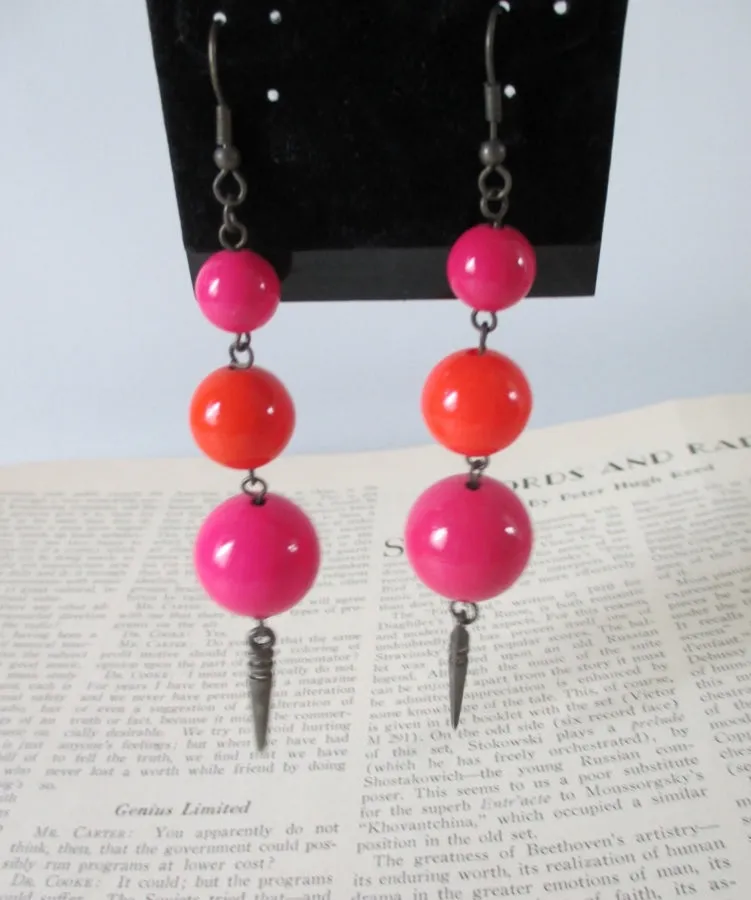 Vintage 80's Big Pink & Orange Sphere Dangle Earrings