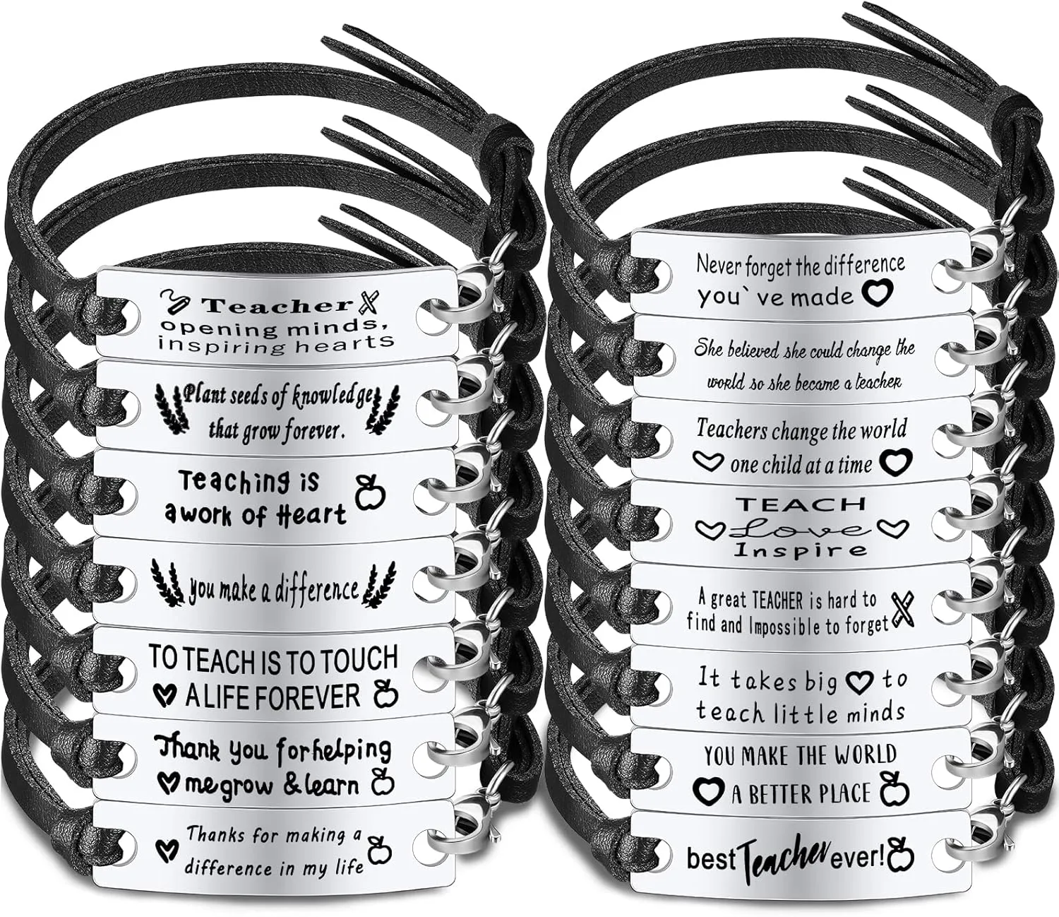 Yinkin 15 Pcs Teacher Bracelets Teacher Appreciation Gifts Adjustable Leather Bracelets Inspirational Teacher Bangles Thank Teacher Gifts for Men Women Teacher Appreciation Week
