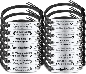 Yinkin 15 Pcs Teacher Bracelets Teacher Appreciation Gifts Adjustable Leather Bracelets Inspirational Teacher Bangles Thank Teacher Gifts for Men Women Teacher Appreciation Week